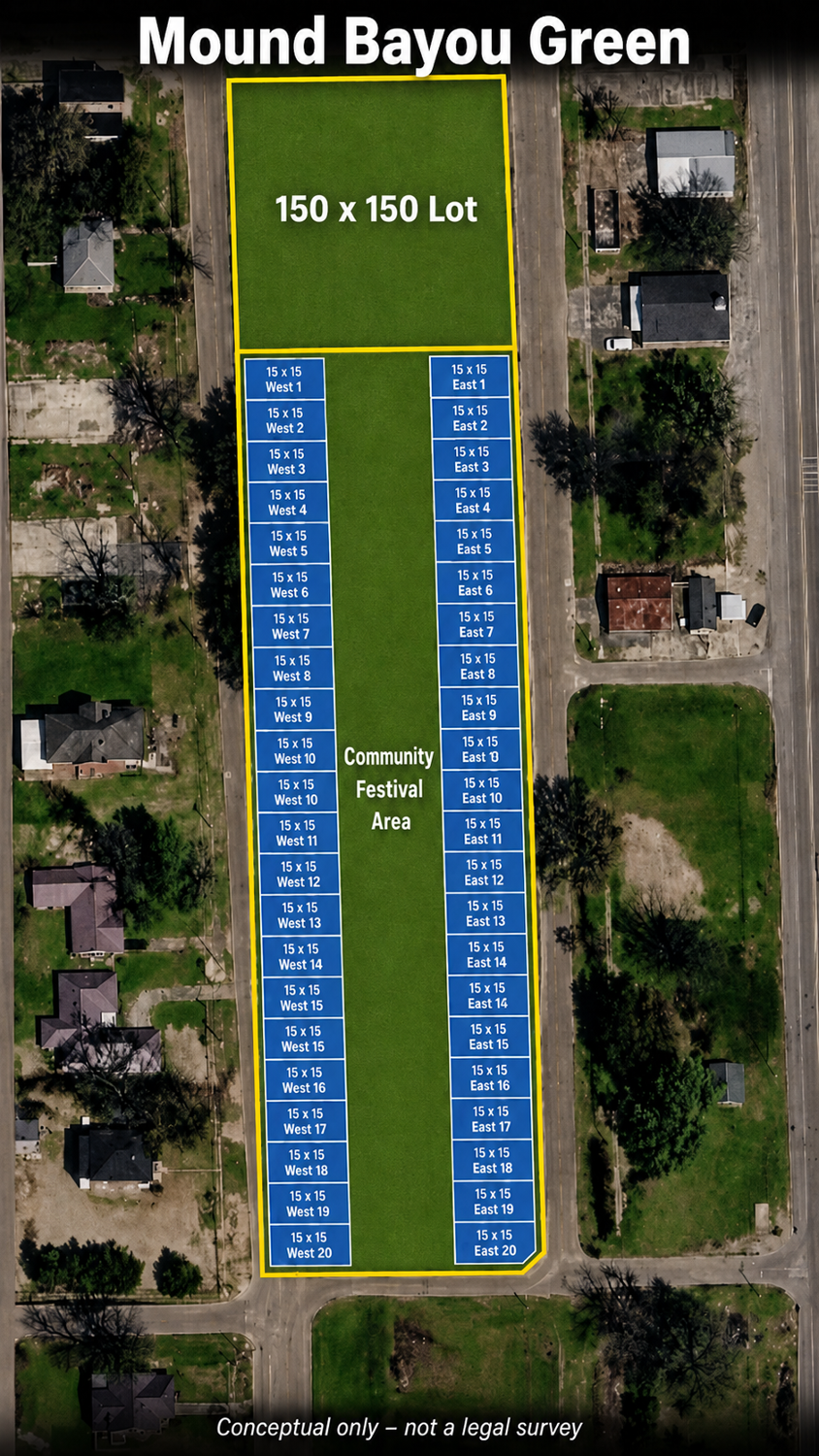 Aerial layout of Mound Bayou Green showing the 150 by 150 premium lot at the north end and two columns of 15 by 15 plots flanking the community festival area.